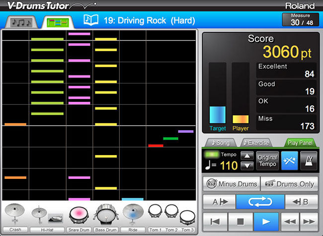 oland DT-1 V-Drums Tutor features a fun game mode that teaches you how to play drums